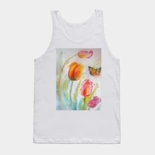Colorful Tulip Watercolor Painting and Butterfly Tank Top